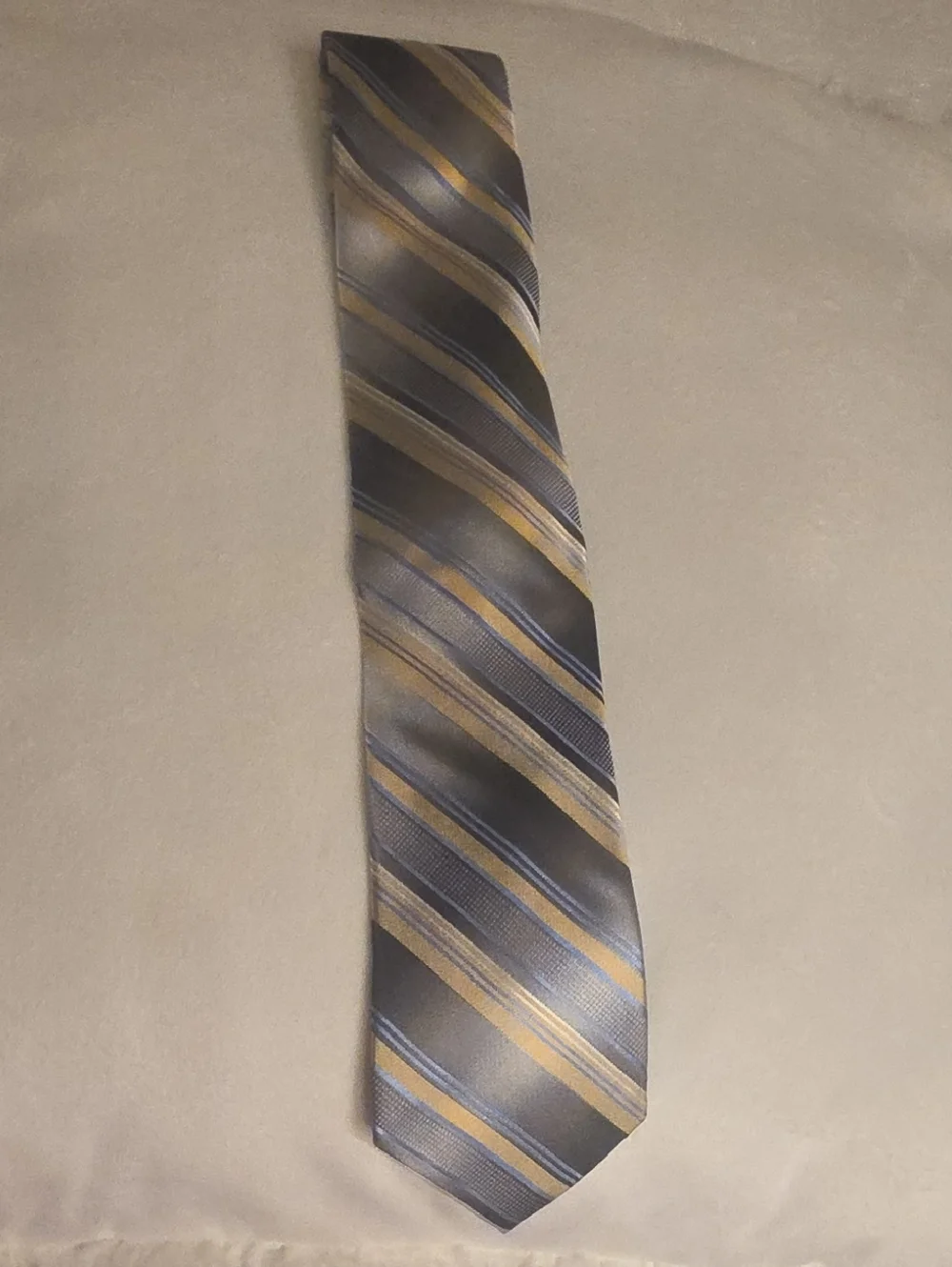 Pronto Uomo Silk Hand Made Gray Tie with Gold and Blue Stripes X Large 65 Inches